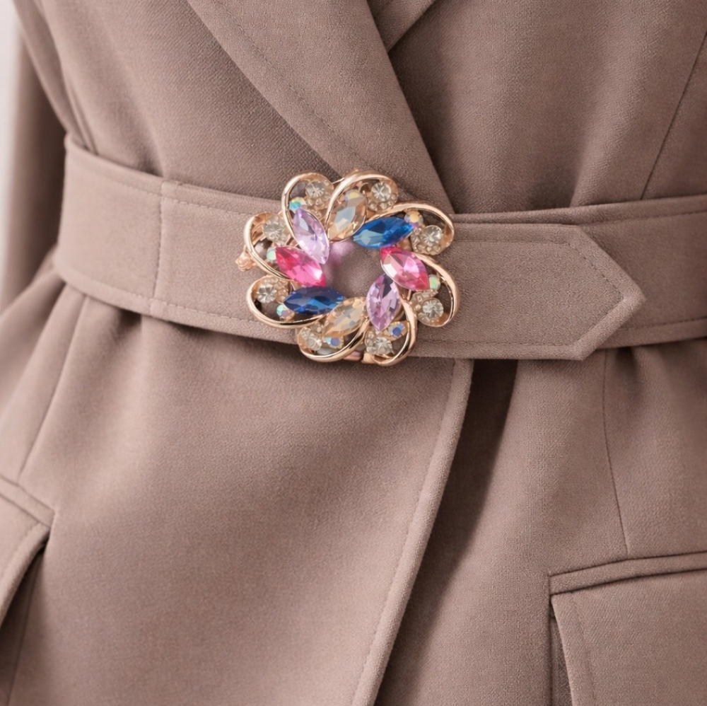 Multicolor Rhinestone Flower Brooch Pin | Rose Gold Tone Statement Accessory - Picture 2 of 3